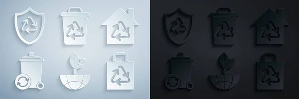 Set Terra Globo Foglia Eco House Con Simbolo Riciclaggio Riciclare — Vettoriale Stock