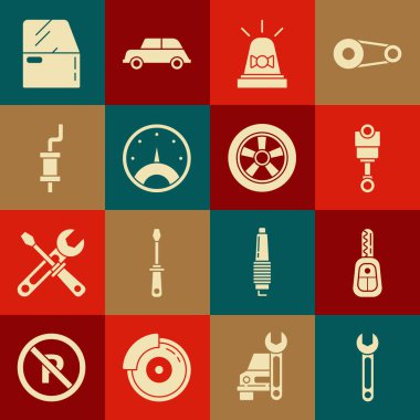 Anahtarı uzaktan kumandalı piston flasher egzoz sayacı susturucu kapı ve tekerlek simgesiyle ayarla. Vektör.