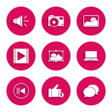 Resim peyzajını ayarla, El gibi, konuşma balonu sohbeti, dizüstü bilgisayar, geri sarma, video oynatma ve hoparlör hacmi simgesi. Vektör