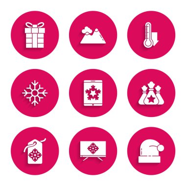Noel 'i akıllı telefon ve kar tanesine, Mutlu TV' ye, Noel Baba şapkasına, çanta hediyesine, yazıtlı Price etiketine, Sale 'e, Snowflake' e, Meteoroloji termometre ölçümüne ve hediye kutusu ikonuna ayarlayın. Vektör