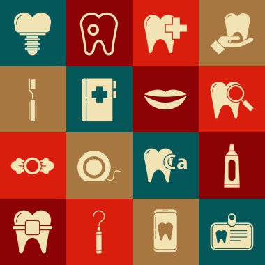 Diş macunu, diş macunu tüpü, diş bakımı kliniği, pano, diş fırçası, implant ve gülümseyen dudak ikonu ile kimlik kartı hazırlayın. Vektör