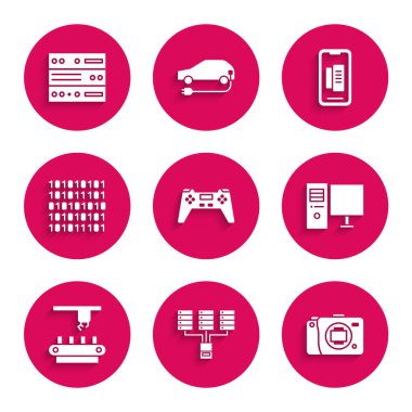 Gamepad, Server, Data, Web Sunuculuğu, Aynasız kamera, Bilgisayar monitörü, Fabrika taşıma sistemi kayışı, İkili kod, Akıllı telefon, cep telefonu ve simgeyi ayarla. Vektör