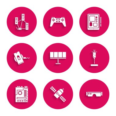 Güneş enerjisi paneli, uydu, akıllı gözlükler, şırınga, ana kart, kablosuz şarj aleti, grafiksel tablet ve bilgisayar ağı simgesini ayarla. Vektör
