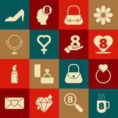 8 Mart 'ta kahve fincanı, alyans, kalp, el çantası, kadın cinsiyet sembolü, yuvarlak makyaj aynası, kadın ayakkabısı ve el ikonu. Vektör