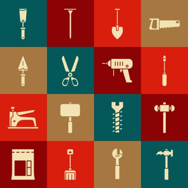 Pençe çekici, balyoz, tornavida, kürek, makas, mala, macun bıçağı ve elektrikli matkap ikonu hazırlayın. Vektör