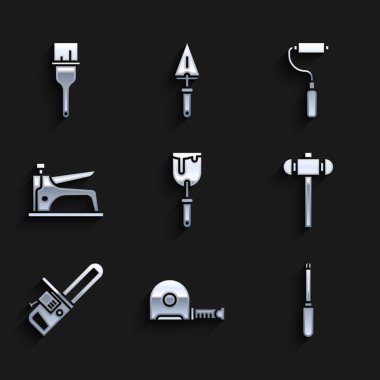 Oyun bıçağı, rulet, tornavida, balyoz, testere, inşaat zımbası, boya fırçası ve ikon. Vektör