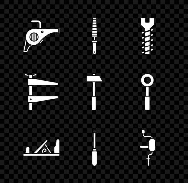 Yaprak üfleyici, tahta, metal vida, tahta uçak, tornavida, el matkabı, kıskaç ve çekiç simgesi için keski aleti ayarlayın. Vektör