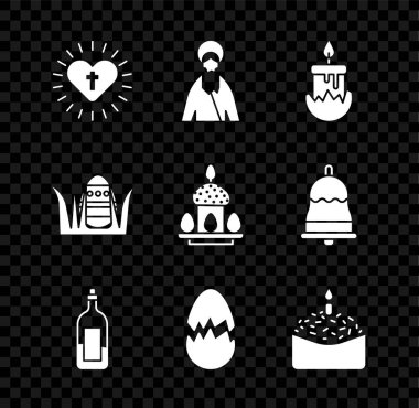 İsa, yanan mum, bir şişe şarap, kırık yumurta, Paskalya pastası ve yumurta ikonu. Vektör