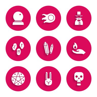 Sihirli taş, kulaklı tavşan, kafatası, ateşi tutan el, pentagram dairesi, rünler, sihirbaz ve top ikonu. Vektör