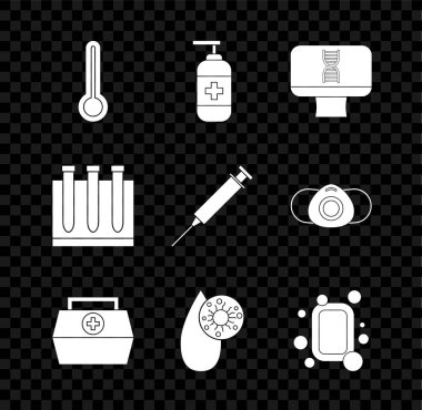 Tıbbi termometreyi, sıvı antibakteriyel sabunu, DNA sarmalı ve bilgisayarı, ilk yardım çantasını, kan testi virüsünü, çubuğu ve şırınga ikonunu ayarla. Vektör