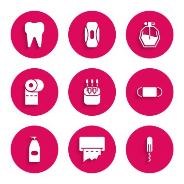 Kulaklar için pamuk bezi, kağıt havlu önleyici duvar, hijyenik tampon, tıbbi koruyucu maske, bir şişe sıvı antibakteriyel sabun, tuvalet kağıdı rulo, parfüm ve diş ikonu. Vektör