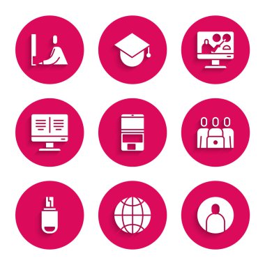 Laptop, Sosyal Ağ, Hesap Ekranı Oluştur, Çevrimiçi sınıf, USB flash disk, Monitör, Eğitim ve Öğrenci çalışan dizüstü bilgisayar ikonu kitabı. Vektör