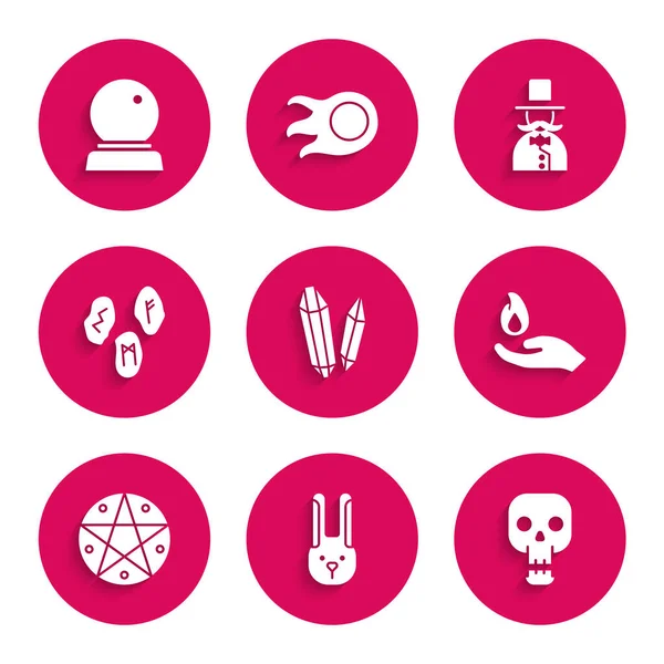 Sihirli taş, kulaklı tavşan, kafatası, ateşi tutan el, pentagram dairesi, rünler, sihirbaz ve top ikonu. Vektör