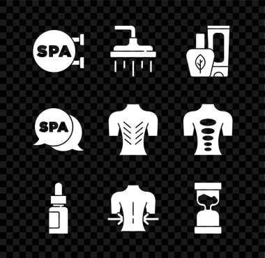 Spa salonu, duş başlığı, merhem kremi tüpü, gerekli yağ şişesi, masaj, eski kum saati ve ikon. Vektör