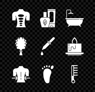 Masaj taşı terapisi, merhem kremi, küvet, ayak masajı, saç fırçası, sauna süpürgesi ve Pipette ikonu. Vektör