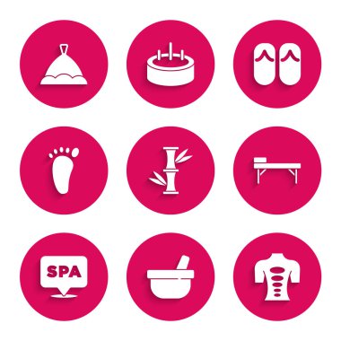 Bambu, havan topuzu, masaj taşı terapisi, masa, spa salonu, ayak masajı, parmak arası terlik ve sauna şapkası ikonu. Vektör