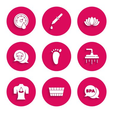 Ayak masajı, sauna kovası, spa salonu, duş başlığı, aroma yağlı masaj, nilüfer çiçeği ve termometre ikonu. Vektör