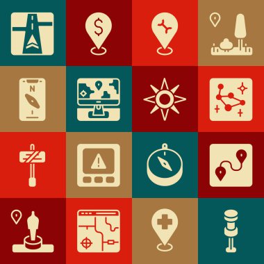 Push pimi, güzergah konumu, Büyük Ayı takımyıldızı, araba servisi, işaretli monitör, pusula mobil, GPS haritası ve rüzgar gül simgesi. Vektör