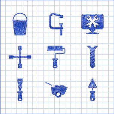 Boya fırçası, el arabası, mala, metal vida, macun bıçağı, ingiliz anahtarı, konum ve kova simgesi. Vektör