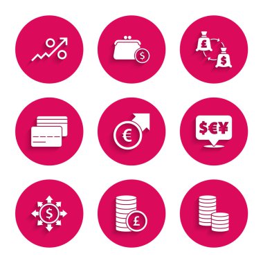 Finansal büyüme ve avroyu, madeni parayı pound, dolar, döviz, dolar, hisse, ağ, kredi kartı ve% cent up ok ikonu ile ayarla. Vektör