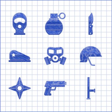Gaz maskesi, tabanca ya da silah, polis lastik copu, askeri miğfer, Japon ninja shuriken, bere, bıçak ve kar maskesi. Vektör