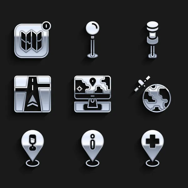 Set Monitor Mit Ortsmarkierung Standortinformationen Medizinischem Kreuz Satelliten Die Den — Stockvektor