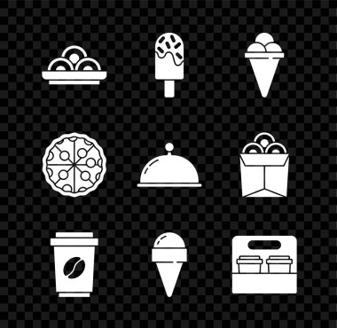 Asya eriştelerini kaseye, dondurmaya, waffle külahına, kahve fincanına, pizzaya ve tepsi ikonuna koy. Vektör