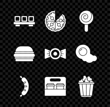 Suşi, pizza, lolipop, sosisli sandviç, kahve fincanı, patlamış mısır kutusu, hamburger ve şeker ikonu. Vektör