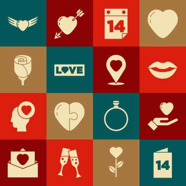 Tebrik kartı, kalp eli, gülen dudaklar, 14 Şubat takvimi, aşk metni, çiçek gülü, kanatlar ve yer kalp ikonu. Vektör