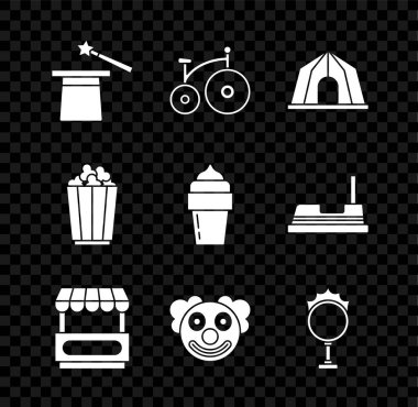 Sihirli şapka ve değnek, klasik bisiklet, sirk çadırı, Fast Street yemek arabası, palyaço kafası, ateş çemberi, patlamış mısır kutusu ve dondurma ikonu. Vektör