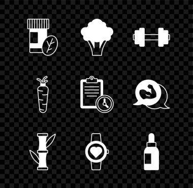 Vitamin hapı, Brokoli, Dumbbell, Bambu, Akıllı Saat, Temel Yağ Şişesi, Havuç ve Spor Eğitim Programı ikonu. Vektör