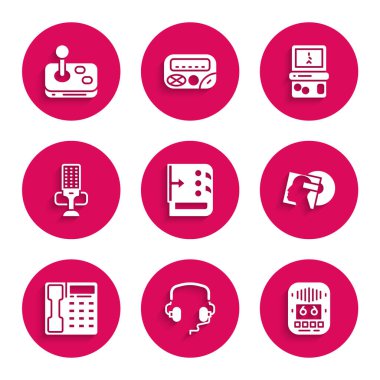 Ses karıştırıcı denetleyici, kulaklık, kaset çalar, vinil disk, telefon ahizesi, mikrofon, tetris ve joystick simgesini ayarla. Vektör