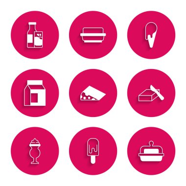 Peynir, dondurma, tereyağlı tereyağı, milkshake, süt için kağıt paketi, waffle külahı, şişe ve cam ikon. Vektör