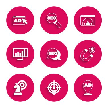 SEO optimizasyon, Hedef, Reklamcılık, Paralı Mıknatıs, Satranç, Monitör grafik şeması, Web sitesi istatistik ve simgesini ayarla. Vektör