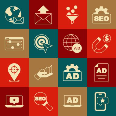 Mobil Değerlendirme, Reklam, Mıknatıs parası, Lider Yönetim, Hedef, Tarayıcı ayarı, Dünya 'dan gelen posta ve simge ile Mobil' i ayarla. Vektör