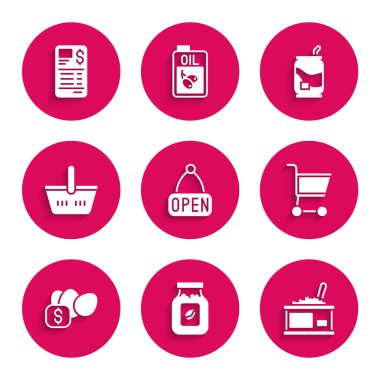 Açık kahve kavanozu şişesi, teneke havyar, alışveriş arabası yumurta, sepet, soda ve kağıt çek ikonu için fiyat etiketi. Vektör