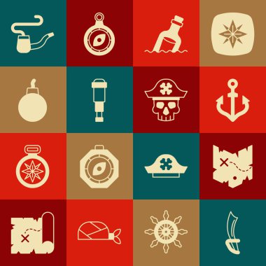 Korsan kılıcı, hazine haritası, Anchor, su içinde mesaj olan şişe, Spyglass teleskop lensi, patlamaya hazır bomba, sigara piposu ve kaptan ikonu hazırla. Vektör