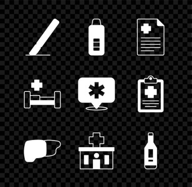 Cerrahi neşter, dijital termometre, hasta kaydı, insan organı karaciğeri, hastane binası, yatak ve hastane ikonu hazırlayın. Vektör