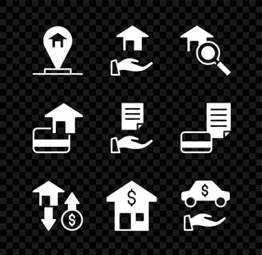 Konum evi, emlakçı, arama, dolarlı ev, araba kiralama, kredi kartı ve sözleşme ikonu ayarlayın. Vektör