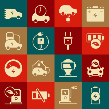 Batarya şarjı, eko araba, doğanın yaprak bataryası, elektrik, park elektrik yükleme ve tapa ikonu. Vektör