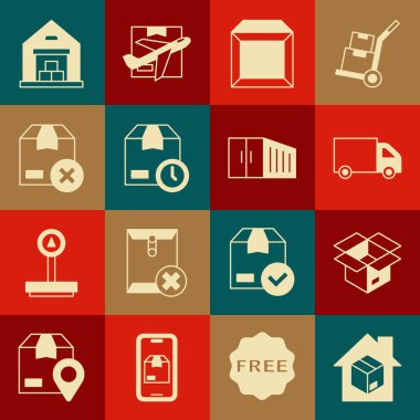 Ev teslimat hizmetleri, Unbox, Teslimat kargo kamyonu, karton karton saat, Depo ve konteynır ikonu. Vektör