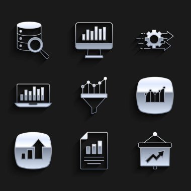 Satış hunisini grafik, belge grafiği, tahta, mali büyüme, dizüstü bilgisayar, zaman yönetimi ve sunucu simgesi ile ayarla. Vektör