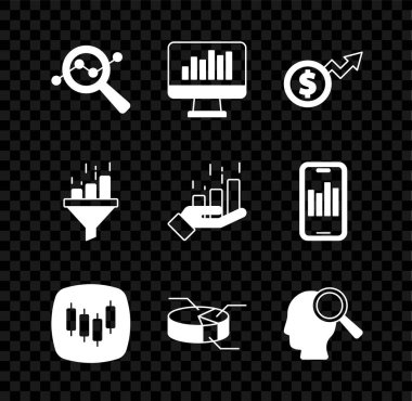 Arama veri analizini ayarla, grafik grafikli monitör, Finansal büyüme doları, Tarayıcı borsası, turta bilgisi, insanlar, satış hunisi ve simgesi. Vektör