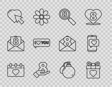 Takvimi 8 Mart, hediye kutusu ve kalp, Arama, kalp imleci tıklama, konuşma balonu Seni seviyorum, Parfüm ve Online flört uygulaması sohbet simgesi ile ayarla. Vektör