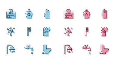 Duş başlığı, su musluğu, ıslak mendil paketi, klozet, saç fırçası, kağıt rulo, virüs ve sıvı antibakteriyel sabun ikonu. Vektör