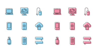 USB flash diski ayarla, çevrimiçi cep telefonu, dizüstü bilgisayar, konuşma balonu sohbeti, oyun videosu, bulut veya çevrimiçi kütüphane, cep telefonu ve eğitim simgesi. Vektör