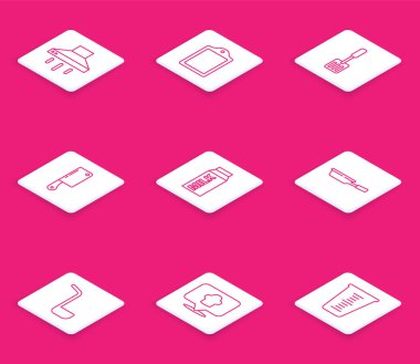 Hat hattı mutfak sökücü fan, kesme tahtası, Spatula, et helikopteri, süt için kağıt paketi, kızartma tavası, kepçe ve konum ikonlu Şef şapkası. Vektör