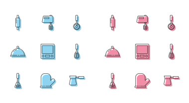 Spatula, fırın eldiveni, merdane, Türk kahvesi, elektronik pullar, mutfak çırpısı tepsi yemeği ve elektrikli mikser ikonu ile kaplanmış. Vektör