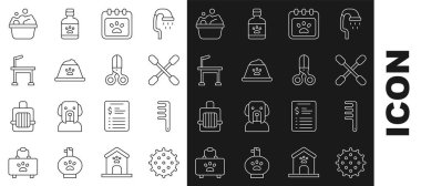 Çizgili tenis topu, kedi ve köpek için saç fırçası, pamuklu bez kulak, takvim tımarı, evcil hayvan yemek kasesi, masa, evcil hayvan banyosu ve makas kuaför ikonu. Vektör