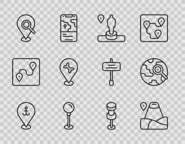 Çapa, dağ ve anıt, raptiye, arama konumu, araba servisi ve büyüteç ikonu ile hat konumunu ayarlayın. Vektör